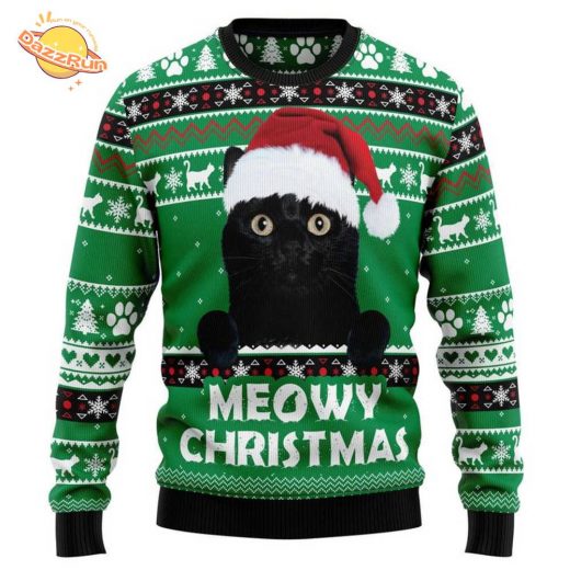 Meowy Black Cat Ugly Christmas Sweater – Adorable Cat-Themed Holiday Wear