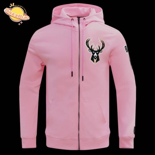 NBA Milwaukee Bucks Classic Chenille Pink Men’s Fleece Zip-Up Hoodie