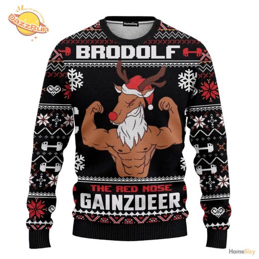 Brodolf The Red Nose Gainzdeer Gym 2024 Ugly Christmas Sweater