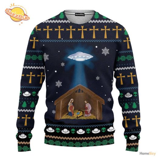 Jesus Nativity With Ufo Star Ugly Sweater 2024 Christmas