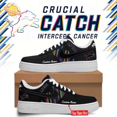 Black Detroit Lions 2024 NFL Crucial Catch Intercept Cancer Custom Name Air Force 1 | Limited Edition Awareness Sneakers