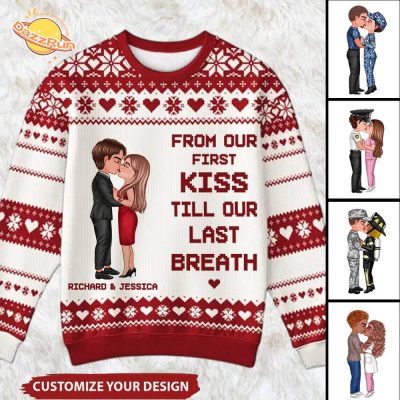 Personalized Christmas Hugging Kissing Couple Occupation Ugly Sweater