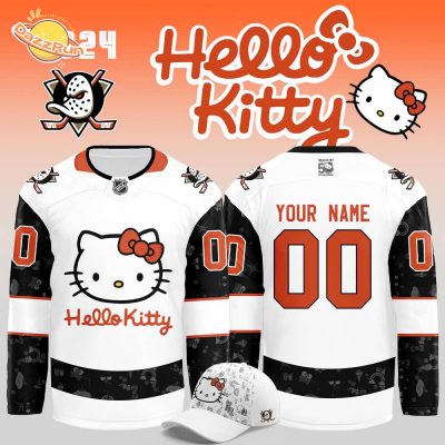 Anaheim Ducks x Hello Kitty 50th Anniversary Exclusive Personalized Jersey, special edition, character-themed.