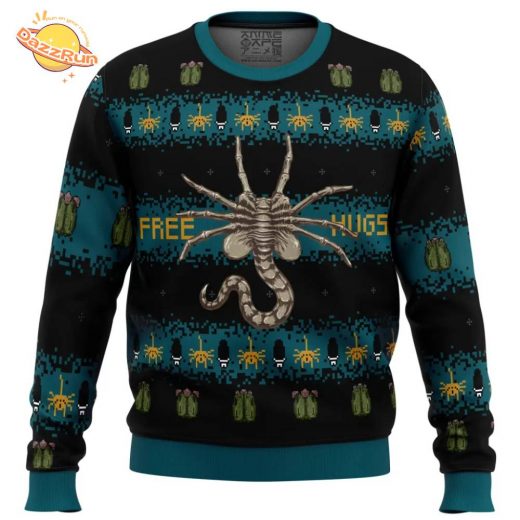 Free Hugs Alien Facehugger Ugly Christmas Sweater – Sci-Fi Holiday Fun