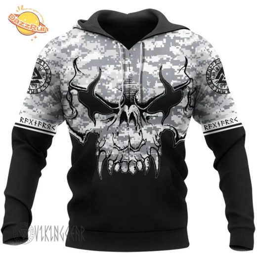 Angry Skull Camo Vintage Viking Hoodie