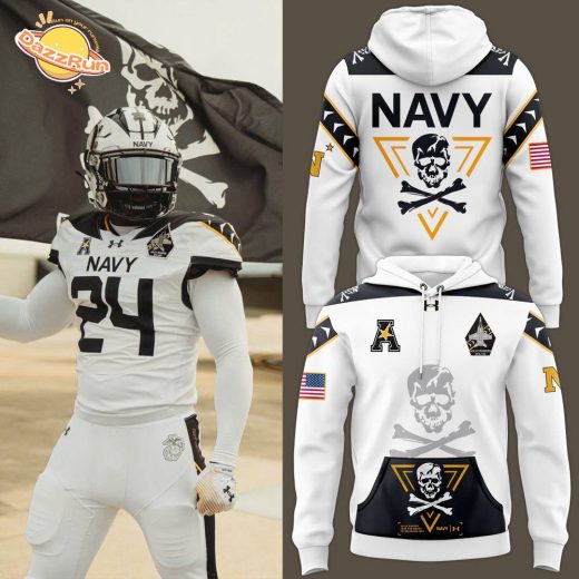 Men’s Under Armour White Navy Midshipmen 2024 Rivalry Shield Fleece Hoodie – Premium Edition