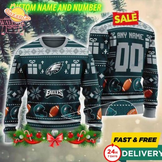 NFL Philadelphia Eagles 3D Hug Ugly Christmas Sweater – Custom Name & Number Fan Gift (Green)