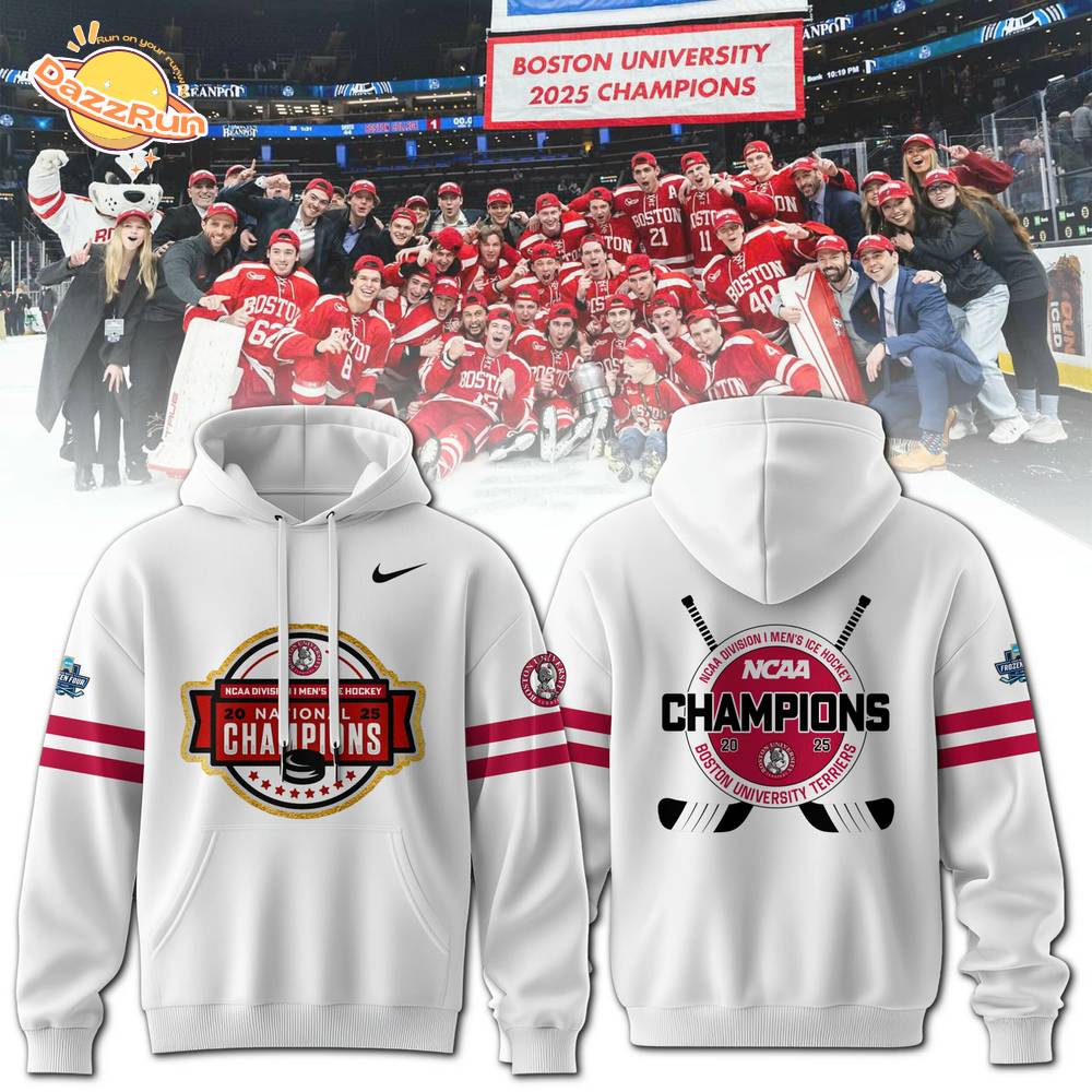 Boston University Terriers men’s ice hockey National Champions 2025 White Hoodie Boston University Terriers men’s ice hockey National Champions 2025 White Hoodie