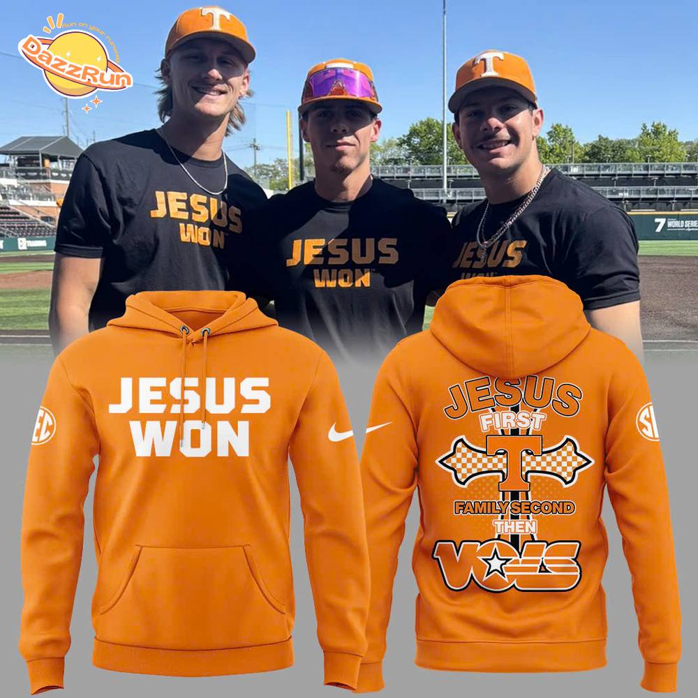 Tennessee Baseball JESUS WON WON "Jesus First Family Second Then Vols" Yellow Hoodie Tennessee Baseball JESUS WON WON "Jesus First Family Second Then Vols" Yellow Hoodie
