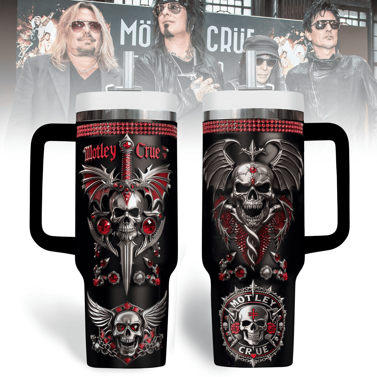 Motley Crüe Skull Tumbler with Handle – Gothic Rock Band Travel Mug for Metal Fans Motley Crüe Skull Tumbler with Handle – Gothic Rock Band Travel Mug for Metal Fans