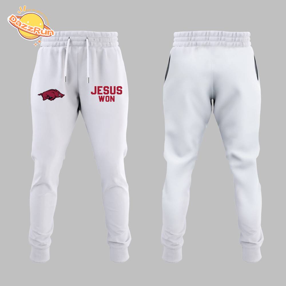 Arkansas x Jesus Won 2025 White TShirt Arkansas x Jesus Won 2025 White TShirt