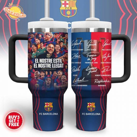 FC Barcelona Travel Mug – 2024-25 La Liga Champions Cup Design with Player Signatures