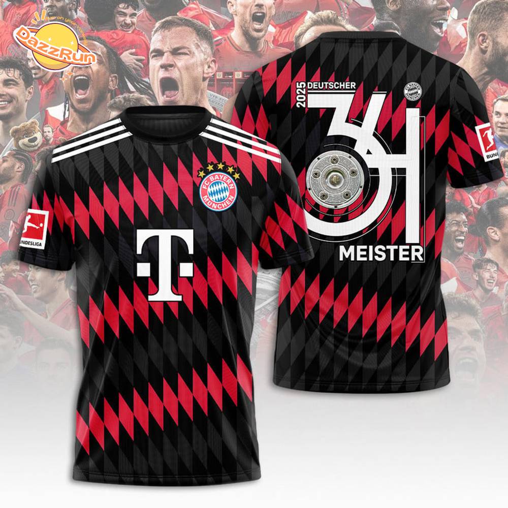FC Bayern Munich 2025 Bundesliga Champions Shirt– 34th Deutscher Meister Shirt Black & Red Limited Edition FC Bayern Munich 2025 Bundesliga Champions Shirt– 34th Deutscher Meister Shirt Black & Red Limited Edition