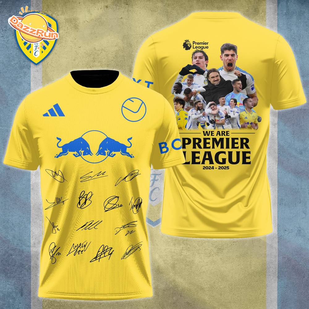 Leeds United Premier League Promotion Shirt 2024–2025 – Yellow Fan Jersey with Autographs & Players Collage Leeds United Premier League Promotion Shirt 2024–2025 – Yellow Fan Jersey with Autographs & Players Collage
