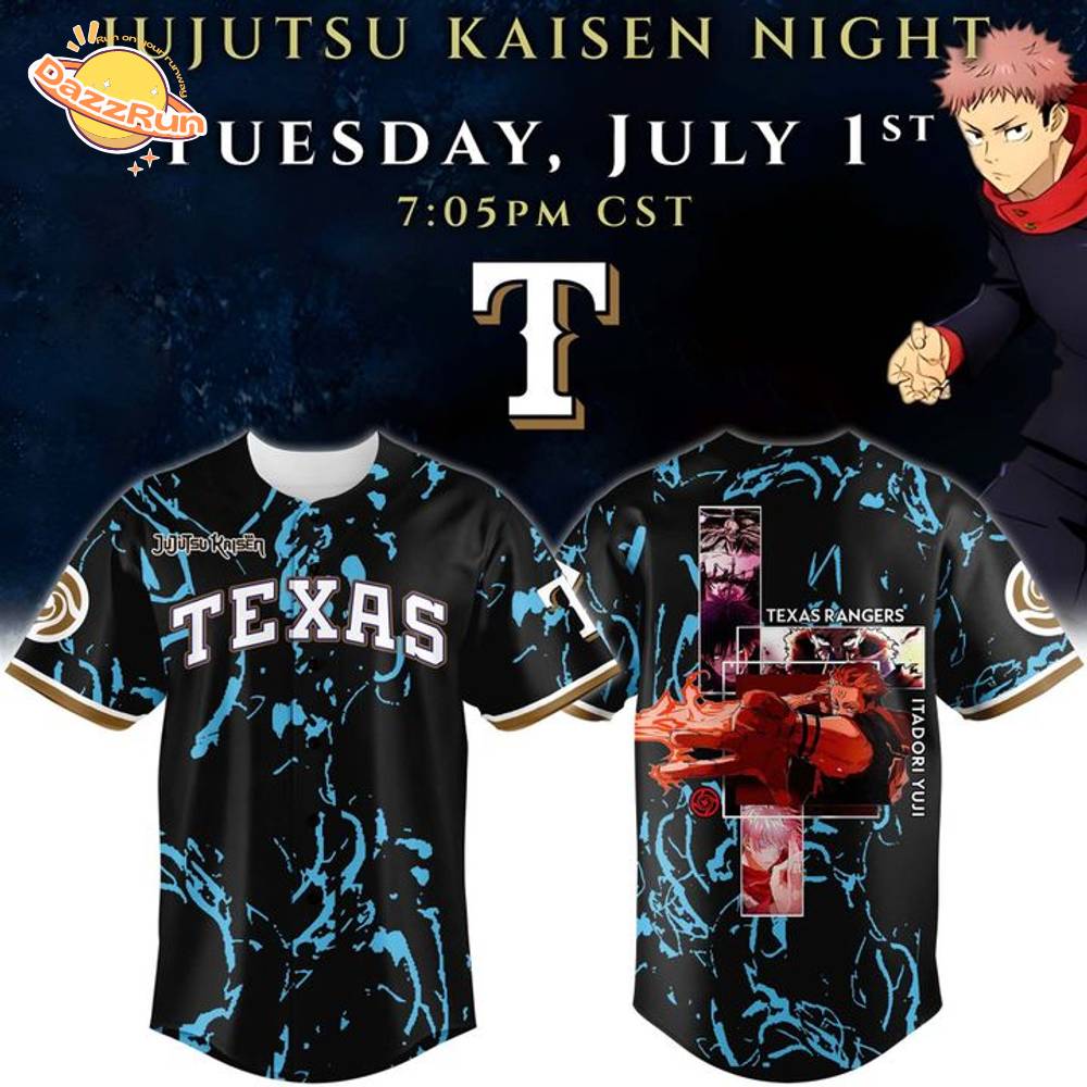 Limited Premium Edition Jujutsu Kaisen Night x Texas Rangers 2025 Graphic Jersey Limited Premium Edition Jujutsu Kaisen Night x Texas Rangers 2025 Graphic Jersey