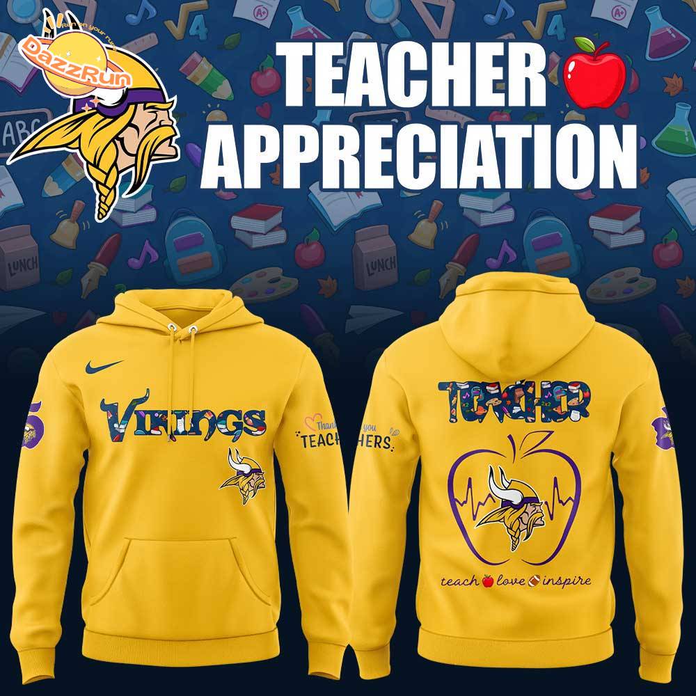 Minnesota Vikings TEACHER Appreciation 2025 Yellow Hoodie Minnesota Vikings TEACHER Appreciation 2025 Yellow Hoodie