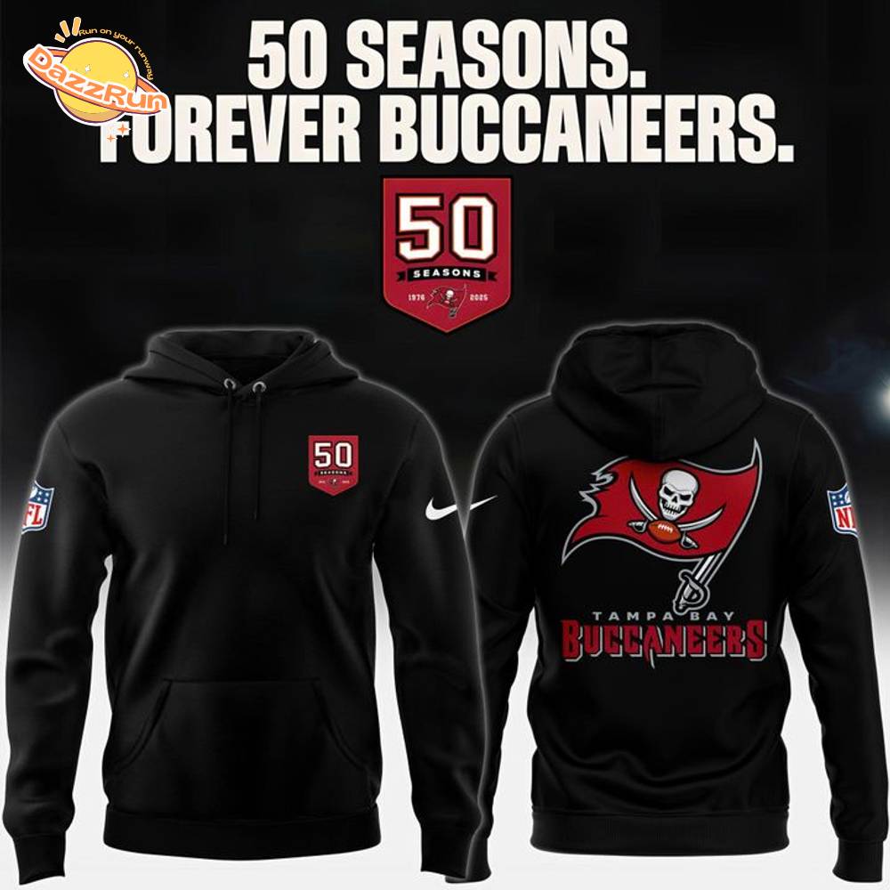 Tampa Bay Buccaneers Celebrate the legacy of 50 Seasons Hoodie 2025 Black Tampa Bay Buccaneers Celebrate the legacy of 50 Seasons Hoodie 2025 Black