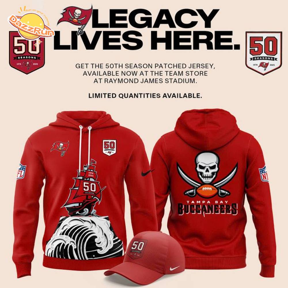 Tampa Bay Buccaneers Celebrate the legacy of 50 Seasons Hoodie 2025 Red Tampa Bay Buccaneers Celebrate the legacy of 50 Seasons Hoodie 2025 Red