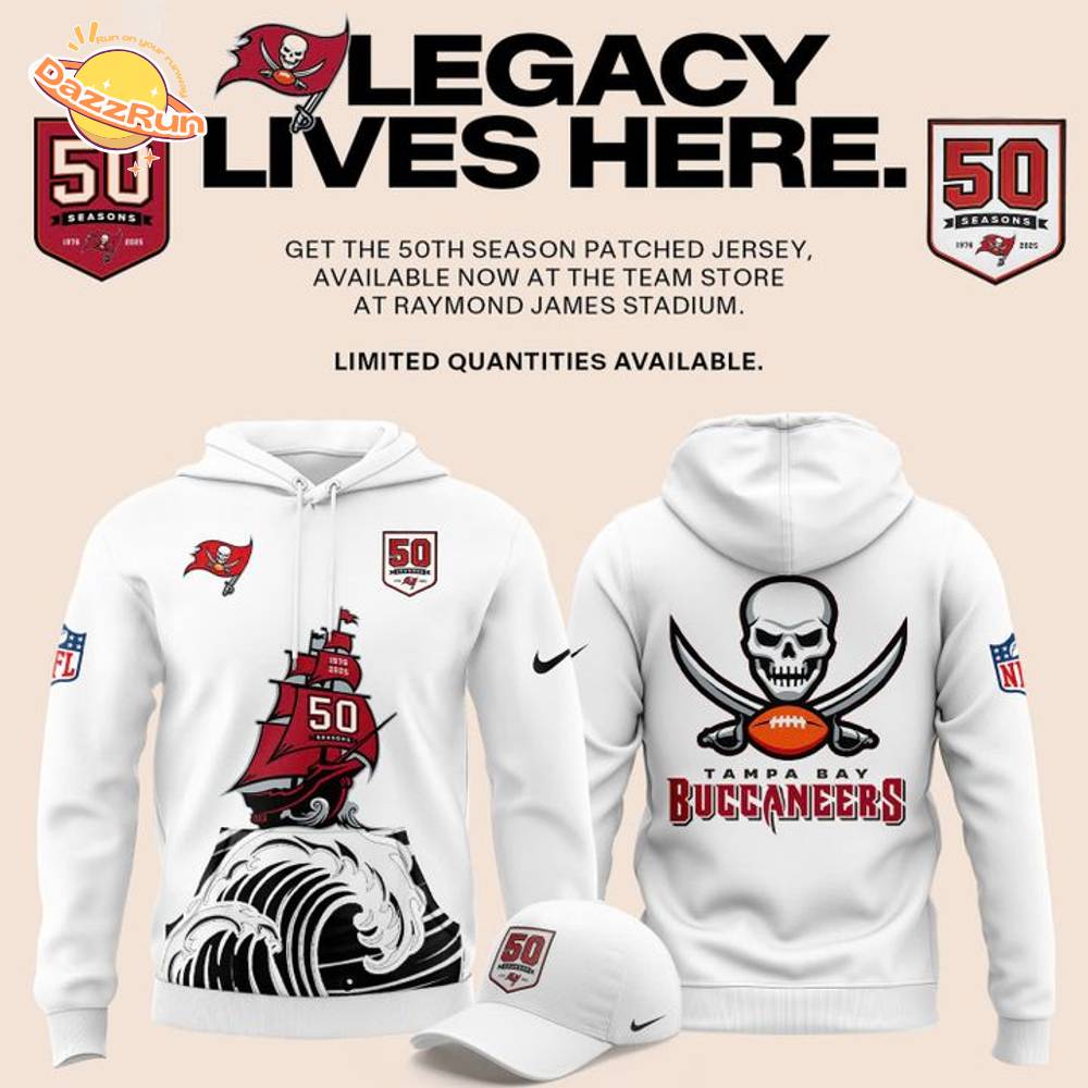 Tampa Bay Buccaneers Celebrate the legacy of 50 Seasons Hoodie 2025 White Tampa Bay Buccaneers Celebrate the legacy of 50 Seasons Hoodie 2025 White