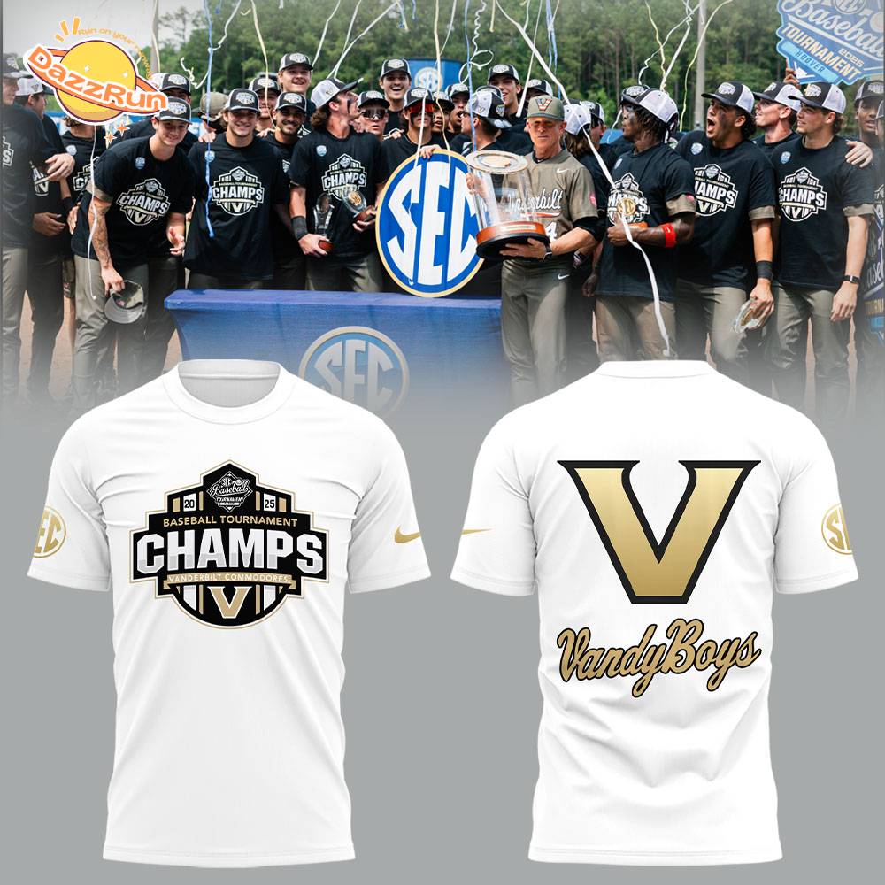 Vanderbilt Baseball x 2025 SEC BASEBALL TOURNAMENT CHAMPS White TShirt Vanderbilt Baseball x 2025 SEC BASEBALL TOURNAMENT CHAMPS White TShirt