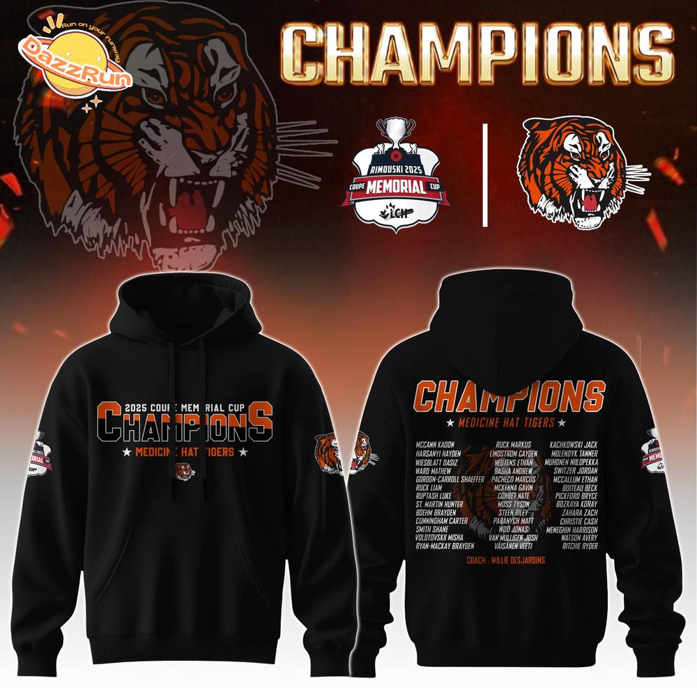 Medicine Hat Tigers Hoodie Champions Memorial Cup 2025 Editions Limited Medicine Hat Tigers Hoodie Champions Memorial Cup 2025 Editions Limited