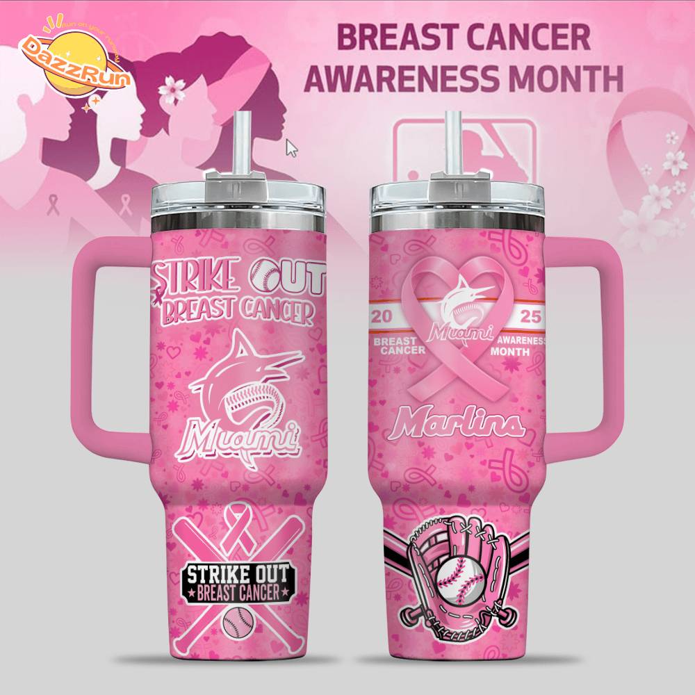 Miami Marlins Breast Cancer Awareness Tumbler With Handle Miami Marlins Breast Cancer Awareness Tumbler With Handle