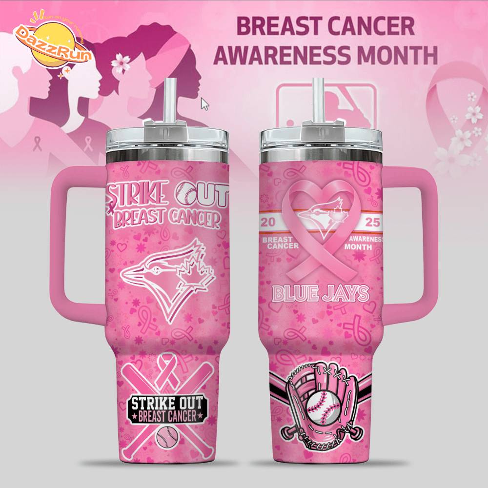 Blue Jays Breast Cancer Awareness Tumbler With Handle Blue Jays Breast Cancer Awareness Tumbler With Handle