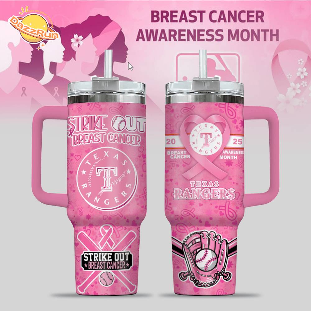 Texas Rangers Breast Cancer Awareness Tumbler With Handle Texas Rangers Breast Cancer Awareness Tumbler With Handle