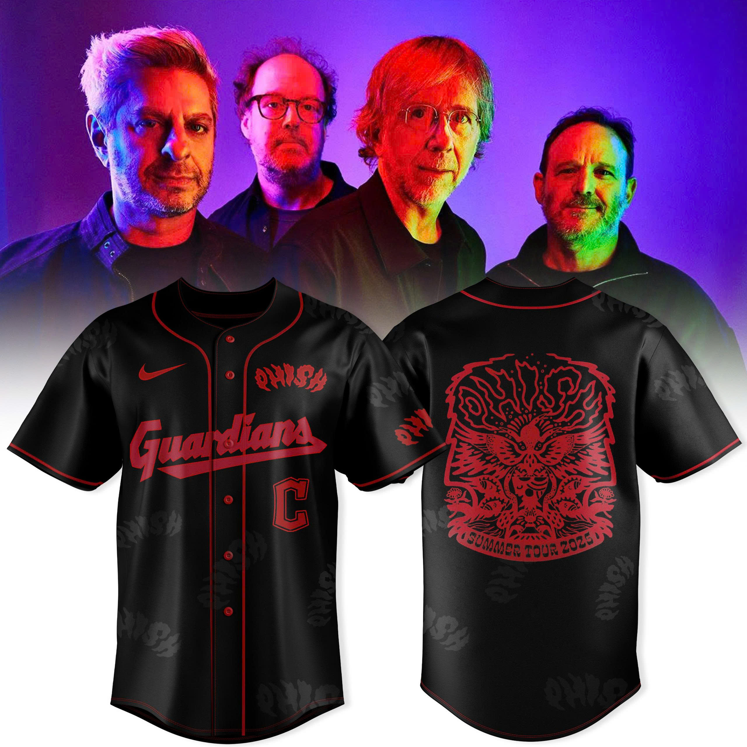 Phish Summer Tour 2025 Baseball Jersey – Guardians Black & Red Concert Jersey Phish Summer Tour 2025 Baseball Jersey – Guardians Black & Red Concert Jersey