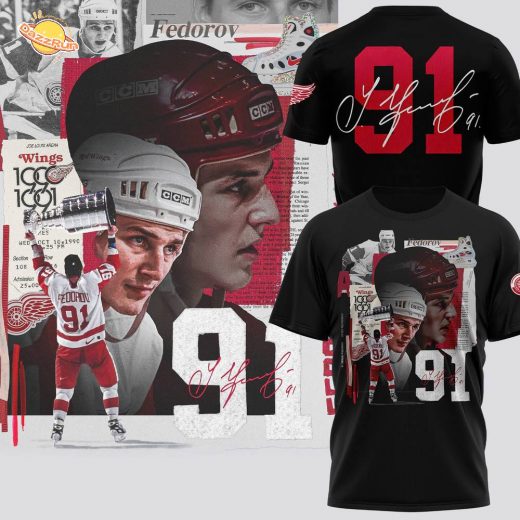 Detroit Red Wings 91 Sergei Fedorov Tshirt-Black