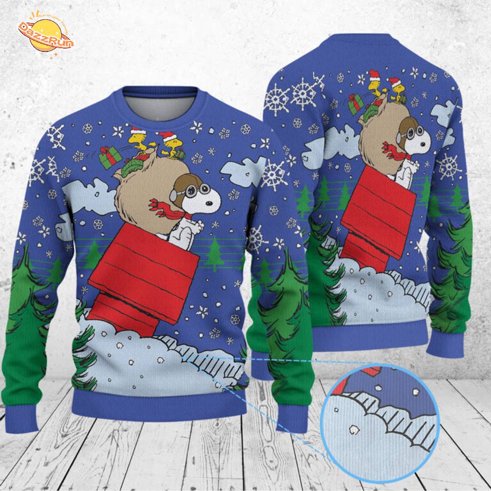 Snoopy & Woodstock In Red Baron Gear Christmas Knitted Sweater Snoopy & Woodstock In Red Baron Gear Christmas Knitted Sweater