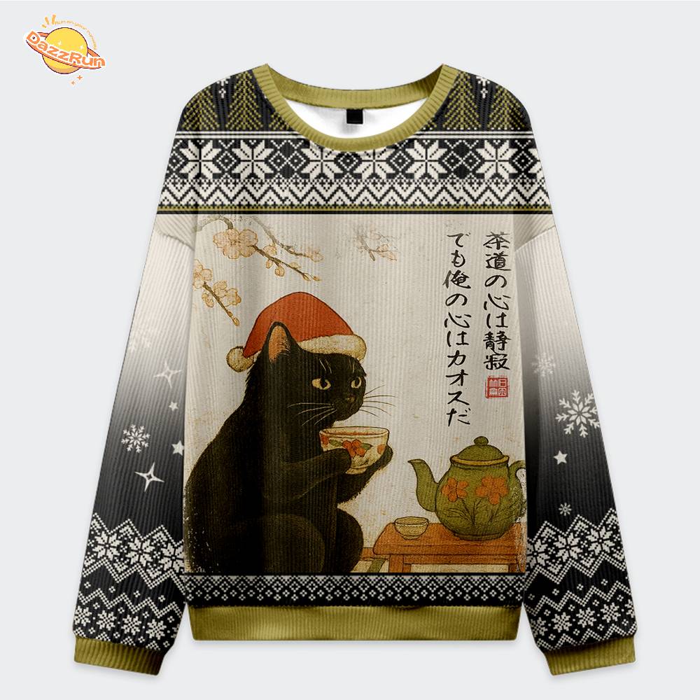Black Cat Drinking Tea Christmas Ugly Sweat Black Cat Drinking Tea Christmas Ugly Sweat