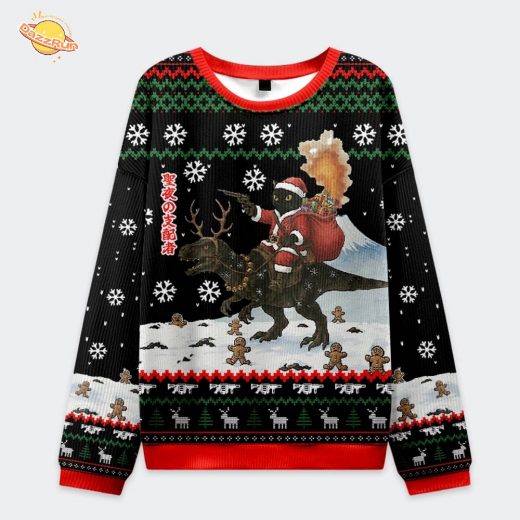Cat Riding A Dinosaur Christmas Ugly Sweat