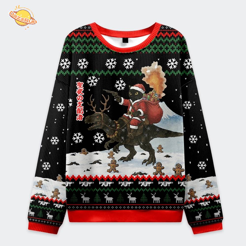 Cat Riding A Dinosaur Christmas Ugly Sweat Cat Riding A Dinosaur Christmas Ugly Sweat