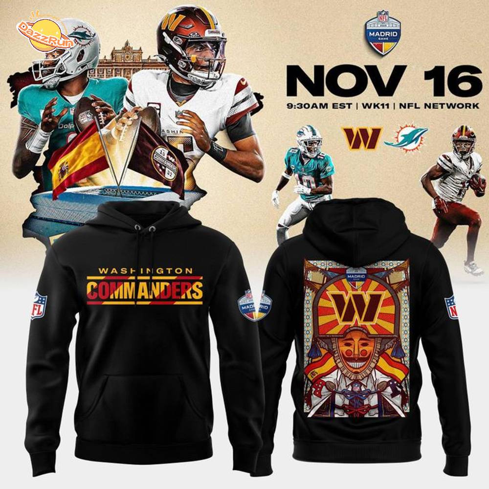 Washington Commanders Black 2025 NFL Madrid Game Black Hoodie Washington Commanders Black 2025 NFL Madrid Game Black Hoodie