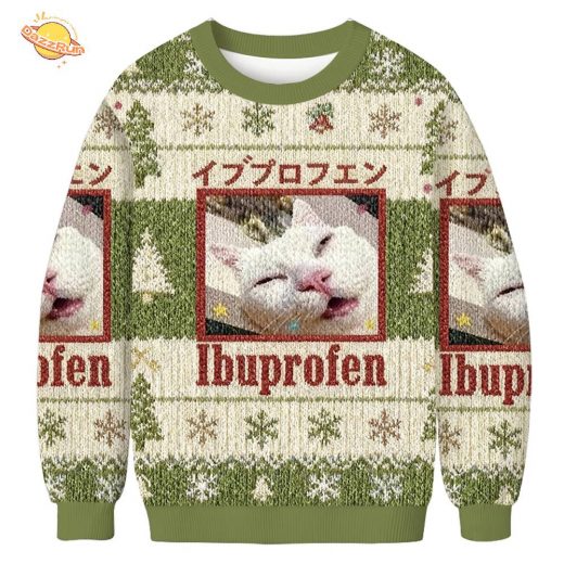 Green Ibuprofen Meme Cat Christmas Ugly Sweat
