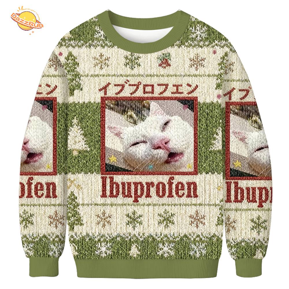 Green Ibuprofen Meme Cat Christmas Ugly Sweat Green Ibuprofen Meme Cat Christmas Ugly Sweat
