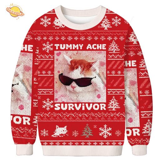 Tummy Ache Survivor Funny Cat Meme Christmas Ugly Sweat