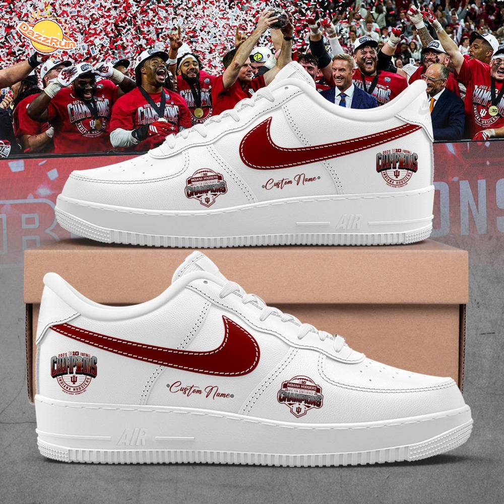 Indiana Hoosiers 2025 Big Ten Football Champions Custom Name White Shoes AF Indiana Hoosiers 2025 Big Ten Football Champions Custom Name White Shoes AF