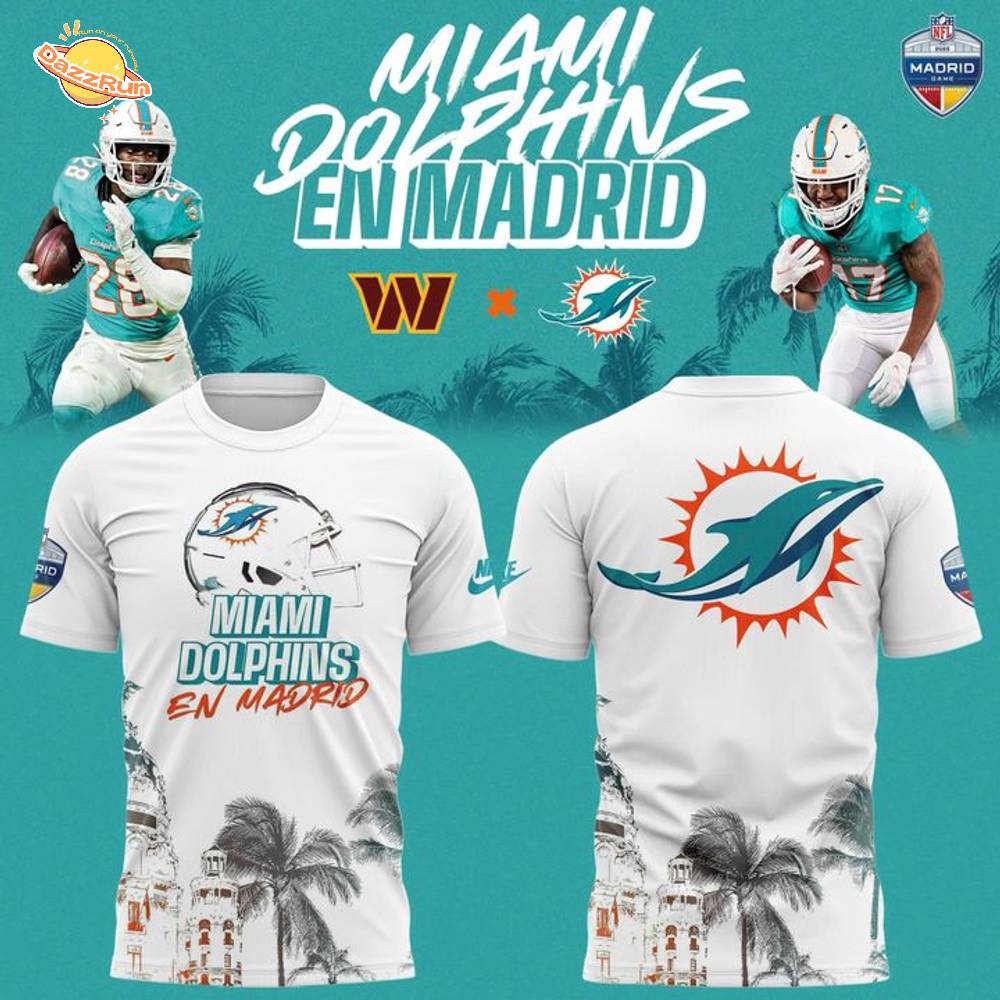Miami Dolphins 2025 NFL Madrid game "Dolphins En Madrid" T-shirt - White Miami Dolphins 2025 NFL Madrid game "Dolphins En Madrid" T-shirt - White