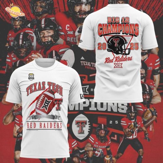 New Era White Texas Tech Red Raiders 2025 Big 12 Football Champions Locker Room T-Shirt
